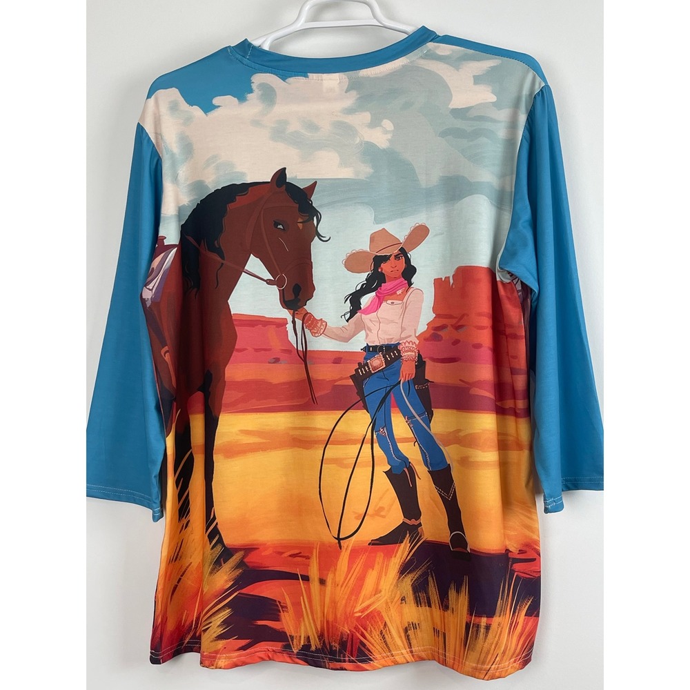 00677 Womens 2XL GraphicTShirt 3/4 Sleeve Cowgirl Horse Western Desert Landscape - Picture 7 of 7
